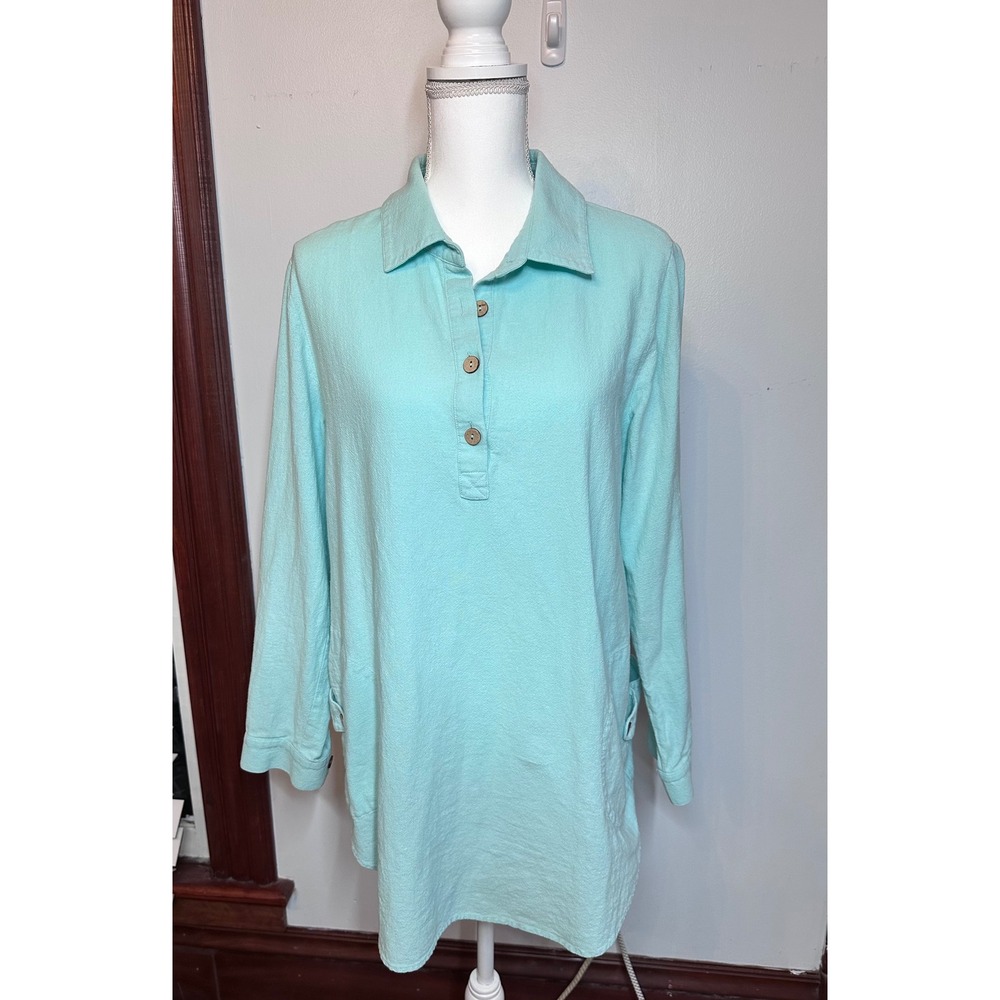 Soft Surroundings Aqua Mint Textured Roll Tab Sleeve Tunic Top Womens Medium